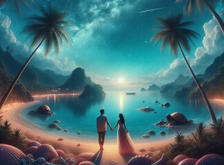 Romantic Couple Walking on a Dreamy Beach Under Starry Sky
