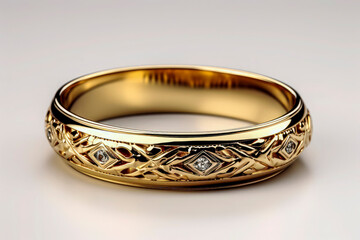 Intricate Gold Wedding Band on White Background