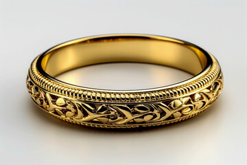 Intricate Gold Wedding Band on White Background