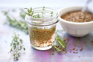 Fototapeta premium thyme sprigs next to thyme tea in transparent mug