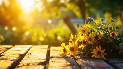 Bunch of sunflowers on old wooden table, outdoor shot, green summer background, sunrise light - obrazy, fototapety, plakaty