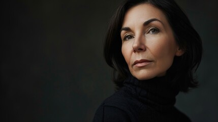 Close-up portrait of a woman on black background.