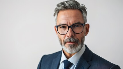 On a white background, a contented older businessman is focusing on the camera.