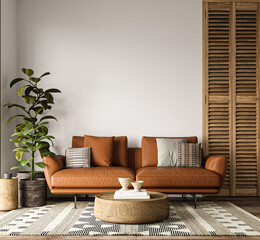 Cozy living space with vibrant caramel leather sofa, eclectic rug, and natural wood accents