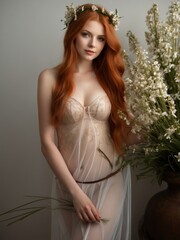 Sensual redhead woman with a white flower wreath in her hair