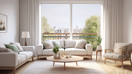 interior design of modern Scandinavian apartment living room with big window
