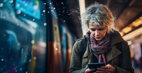Woman Using Mobile Phone App in Train Station - obrazy, fototapety, plakaty