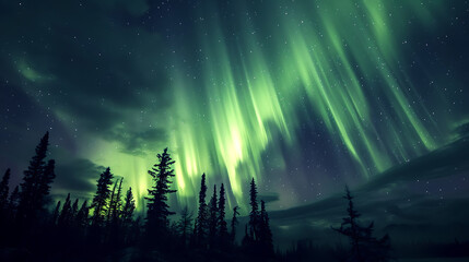 Fototapeta premium aurora borealis in the mountains, forest and lake. - The awe-inspiring sight of auroras in the night sky, witnessed firsthand.