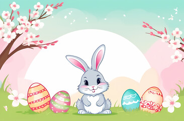 Obraz premium Cute Easter bunny and colored eggs in clipart style on a background of green grass, flowers, blue background