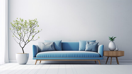 interior of living room with blue sofa wooden coffee
