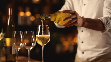 Bartender pouring white wine from bottle into glass - obrazy, fototapety, plakaty