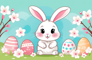 Cute Easter bunny and colored eggs in clipart style on a background of green grass, flowers, blue background