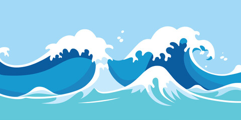 Fototapeta na wymiar Vector drawing of sea waves, cartoon illustration, natural background