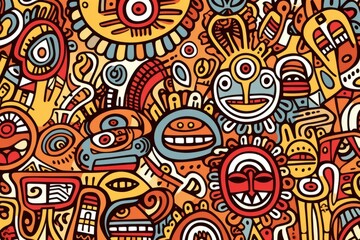 Cartoon cute doodles illustrating African tribal motifs and symbols, seamlessly integrated into a captivating and culturally rich seamless design, Generative AI