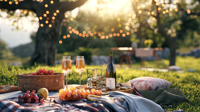 Photo of a summer picnic on the lawn with fruits and a bottle of wine