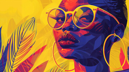 Obraz premium Vibrant illustration of a woman with stylized features, bold colors, and tropical leaves.