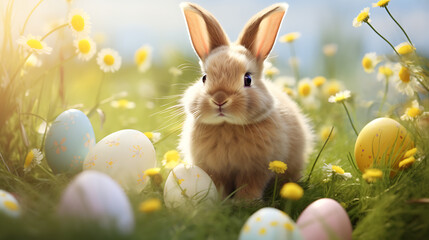 Fototapeta na wymiar an adorable Easter bunny sitting in a field of spring flowers, creating a picturesque scene for a charming Easter card, captured in realistic HD detail