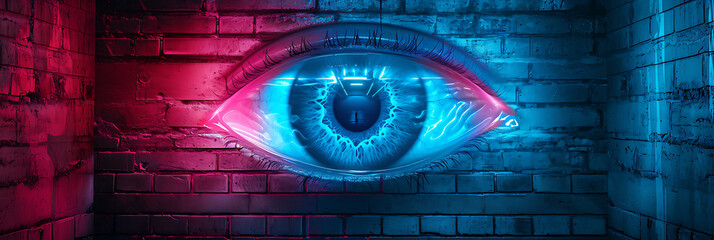 cyberpunk, hologram Eye, cyberpunk monitor on wall, hologram eye, holographic eye, PINK AND BLUE NEON LIGHT, SciFi. - obrazy, fototapety, plakaty