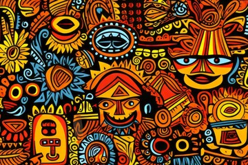 Cartoon cute doodles illustrating African tribal patterns and symbols, seamlessly combined to create a vibrant and culturally rich seamless backdrop, Generative AI