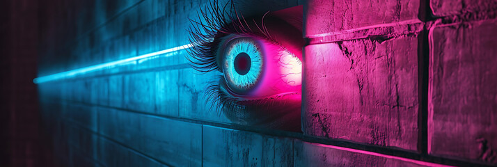 cyberpunk, hologram Eye, cyberpunk monitor on wall, hologram eye, holographic eye, PINK AND BLUE NEON LIGHT, SciFi.