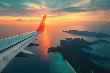 Wings of an aircraft flying over tropical islands in the ocean. Generative Ai.