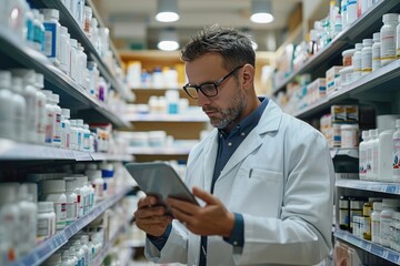 Pharmacist looking up prescriptions on a tablet computer. Generative Ai. - obrazy, fototapety, plakaty