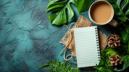 Cup of coffee and notepad on desk, top down view - obrazy, fototapety, plakaty