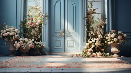 Fototapeta na wymiar Elegant Doorway Flanked by Blossoms, serene entrance graced by lush floral arrangements on a sunny day, inviting a sense of tranquility and beauty