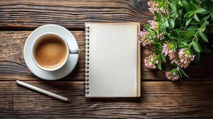 Cup of coffee and notepad on desk, top down view