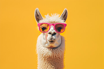 Funny llama wear the sunglasses on pastel color background
