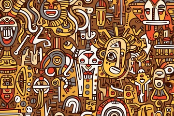 Cartoon cute doodles illustrating African tribal symbols and motifs, seamlessly combined to create a visually stunning and symbolic seamless pattern, Generative AI