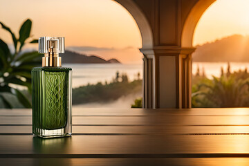  green perfume flacon , tropical plants background
