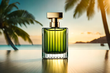  green perfume flacon , tropical plants background
