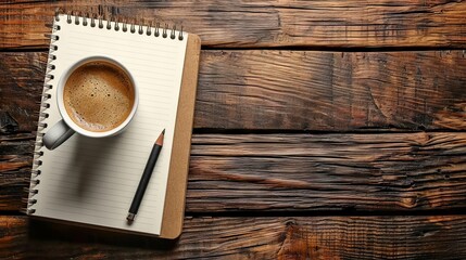 Cup of coffee and notepad on desk, top down view