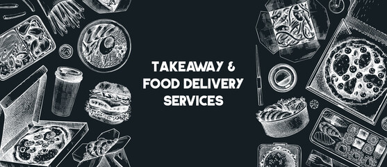 Obraz na płótnie Canvas Takeaway and food delivery frame. Hand drawn vector illustration on chalkboard. Takeout food in paper box, fast food menu design. Pizza, burger, coffee, noodles, poke, sushi sketch