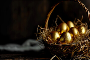 Easter. golden easter eggs in a basket on a black background