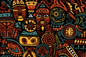 Cartoon cute doodles illustrating African tribal symbols and patterns, seamlessly combined to create a vibrant and culturally rich seamless backdrop, Generative AI