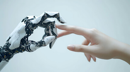 Robot/ai finger tip touching human hand fingertip with index finger, white backround - obrazy, fototapety, plakaty