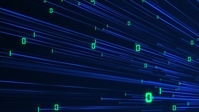 A high speed stream of blue fiber optic digital data light beams with flashing green binary code ones and zeros. Full HD and looping computer technology background. 