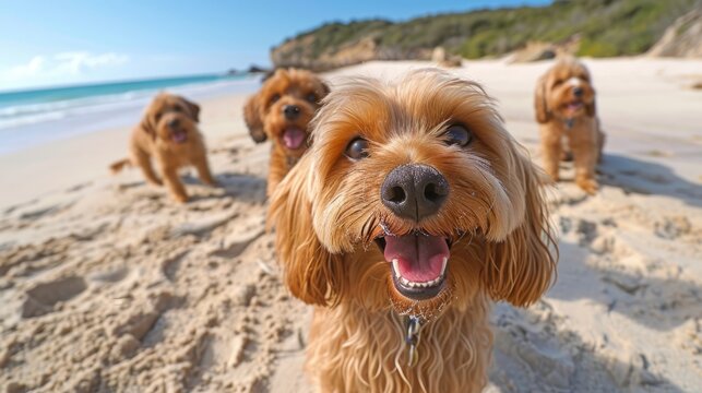 Dog making selfie on the beach, dog on the beach looking at the camera 