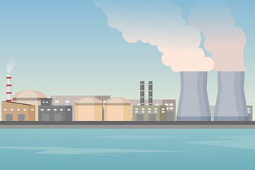 Nuclear power plant area beside the sea. Renewable energy. Vector illustration. - obrazy, fototapety, plakaty