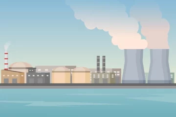 Foto op Canvas Nuclear power plant area beside the sea. Renewable energy. Vector illustration. © fadfebrian