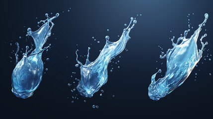 set of pure water splashes on dark background. 3d illustration