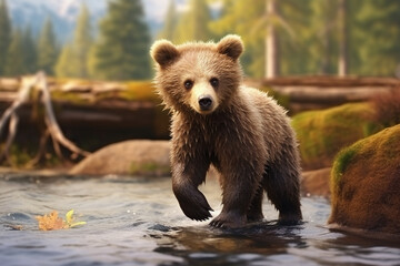 Fototapeta premium Little brown bear walking on the riverbank. Cute little bear on the walk