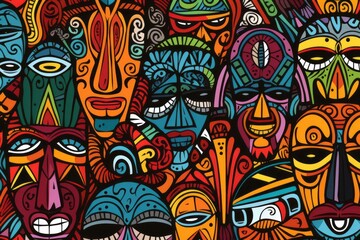 Cartoon cute doodles of traditional African tribal masks, symbols, and patterns forming an artistic and detailed seamless design, Generative AI