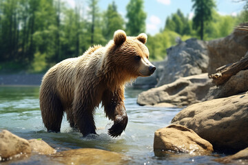 Little brown bear walking on the riverbank. Cute little bear on the walk
