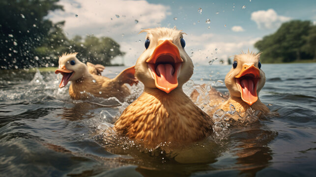 Fototapeta Family of ducks playfully splashed around