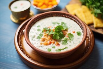 raita with boondi in a clay pot, side of flatbread