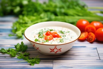 tomato raita with sliced cherry tomatoes and parsley