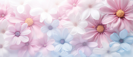 Pastel colored petals of spring, ultra wide, serene, as a perfect background and copy space
